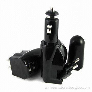 AC Power Adapter and Car Adapter Together with USB Output, Made of Plastic with ABS Material